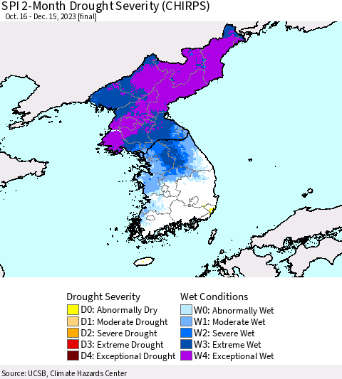Korea SPI 2-Month Drought Severity (CHIRPS) Thematic Map For 10/16/2023 - 12/15/2023