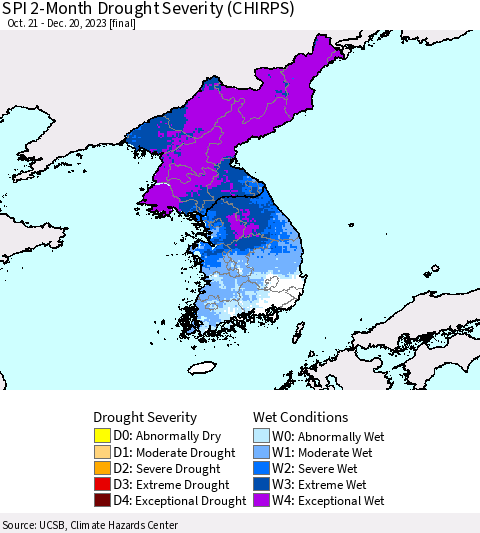 Korea SPI 2-Month Drought Severity (CHIRPS) Thematic Map For 10/21/2023 - 12/20/2023