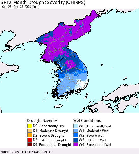 Korea SPI 2-Month Drought Severity (CHIRPS) Thematic Map For 10/26/2023 - 12/25/2023