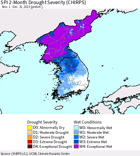 Korea SPI 2-Month Drought Severity (CHIRPS) Thematic Map For 11/1/2023 - 12/31/2023