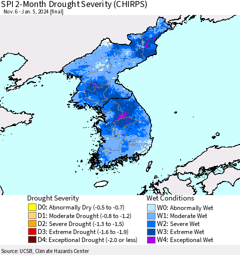 Korea SPI 2-Month Drought Severity (CHIRPS) Thematic Map For 11/6/2023 - 1/5/2024