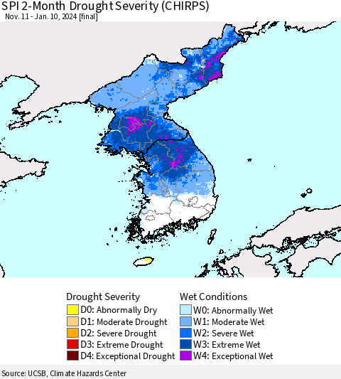 Korea SPI 2-Month Drought Severity (CHIRPS) Thematic Map For 11/11/2023 - 1/10/2024