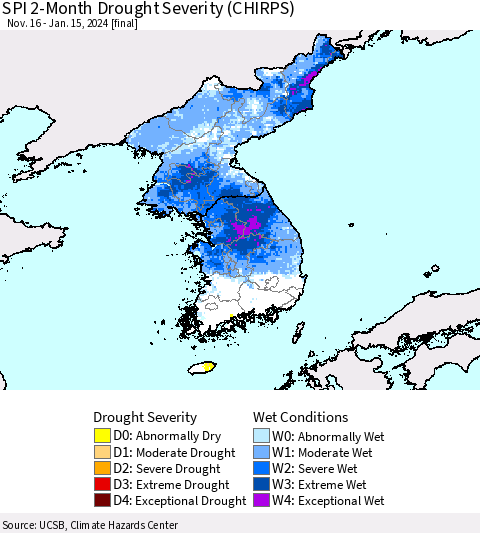 Korea SPI 2-Month Drought Severity (CHIRPS) Thematic Map For 11/16/2023 - 1/15/2024
