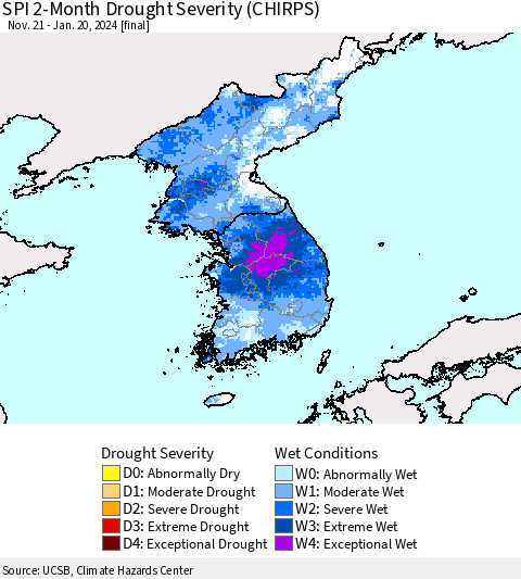 Korea SPI 2-Month Drought Severity (CHIRPS) Thematic Map For 11/21/2023 - 1/20/2024