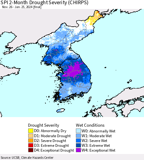 Korea SPI 2-Month Drought Severity (CHIRPS) Thematic Map For 11/26/2023 - 1/25/2024