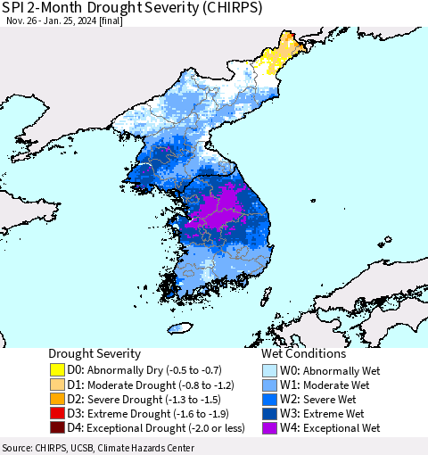 Korea SPI 2-Month Drought Severity (CHIRPS) Thematic Map For 11/26/2023 - 1/25/2024