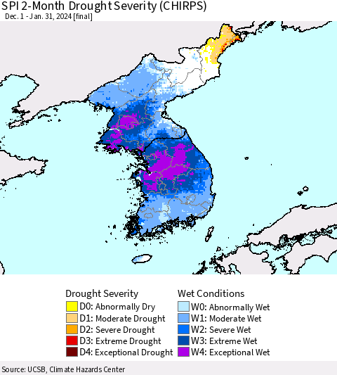 Korea SPI 2-Month Drought Severity (CHIRPS) Thematic Map For 12/1/2023 - 1/31/2024