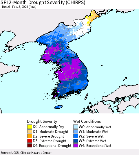 Korea SPI 2-Month Drought Severity (CHIRPS) Thematic Map For 12/6/2023 - 2/5/2024