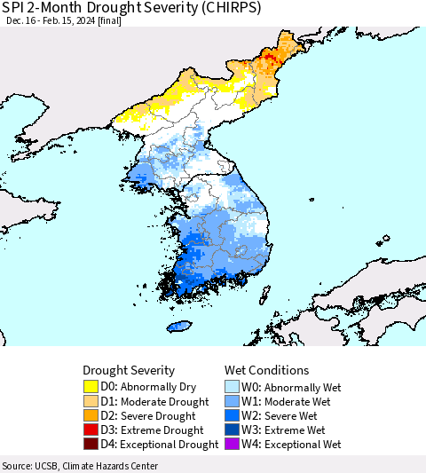 Korea SPI 2-Month Drought Severity (CHIRPS) Thematic Map For 12/16/2023 - 2/15/2024