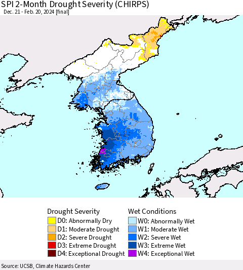 Korea SPI 2-Month Drought Severity (CHIRPS) Thematic Map For 12/21/2023 - 2/20/2024