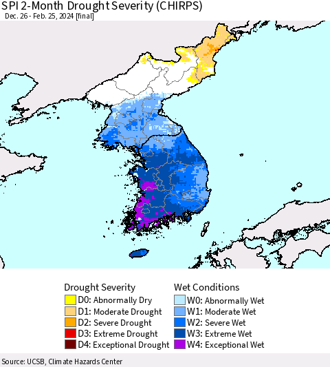 Korea SPI 2-Month Drought Severity (CHIRPS) Thematic Map For 12/26/2023 - 2/25/2024