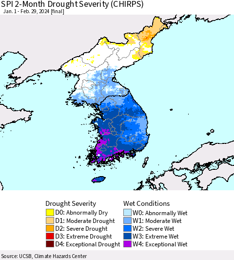 Korea SPI 2-Month Drought Severity (CHIRPS) Thematic Map For 1/1/2024 - 2/29/2024