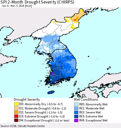 Korea SPI 2-Month Drought Severity (CHIRPS) Thematic Map For 1/6/2024 - 3/5/2024