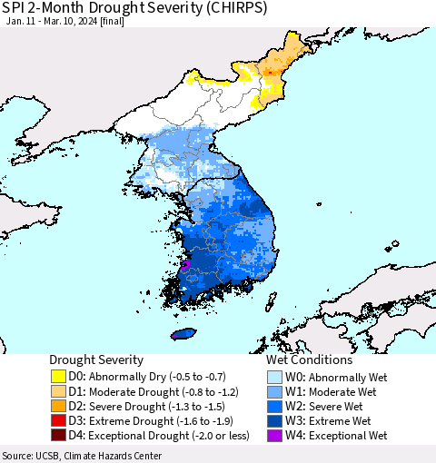 Korea SPI 2-Month Drought Severity (CHIRPS) Thematic Map For 1/11/2024 - 3/10/2024