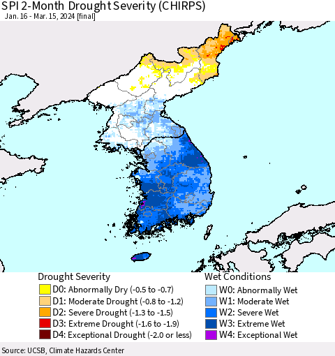 Korea SPI 2-Month Drought Severity (CHIRPS) Thematic Map For 1/16/2024 - 3/15/2024