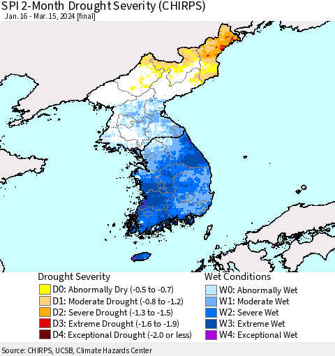 Korea SPI 2-Month Drought Severity (CHIRPS) Thematic Map For 1/16/2024 - 3/15/2024