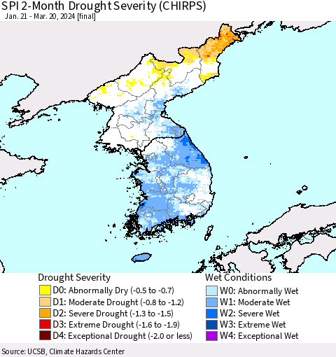 Korea SPI 2-Month Drought Severity (CHIRPS) Thematic Map For 1/21/2024 - 3/20/2024