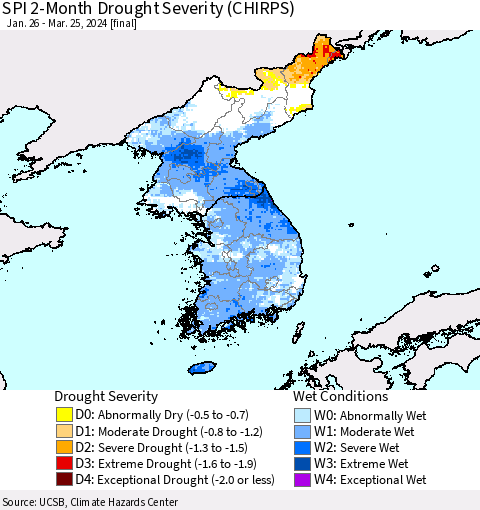 Korea SPI 2-Month Drought Severity (CHIRPS) Thematic Map For 1/26/2024 - 3/25/2024