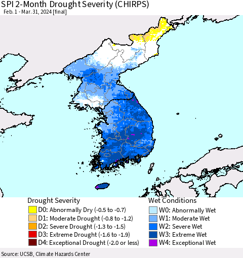 Korea SPI 2-Month Drought Severity (CHIRPS) Thematic Map For 2/1/2024 - 3/31/2024