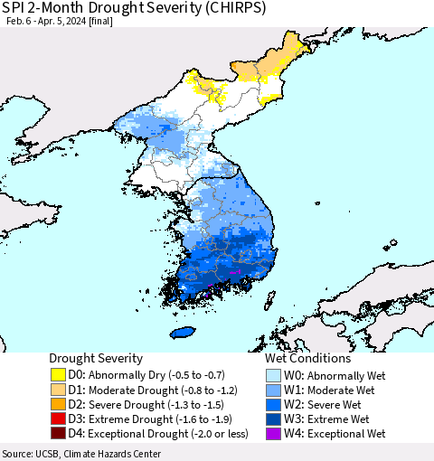 Korea SPI 2-Month Drought Severity (CHIRPS) Thematic Map For 2/6/2024 - 4/5/2024