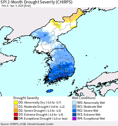 Korea SPI 2-Month Drought Severity (CHIRPS) Thematic Map For 2/6/2024 - 4/5/2024