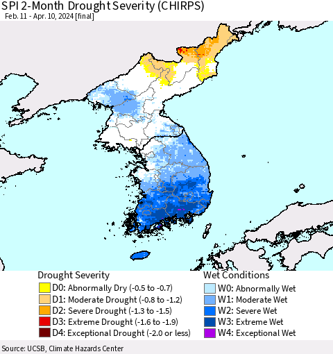 Korea SPI 2-Month Drought Severity (CHIRPS) Thematic Map For 2/11/2024 - 4/10/2024