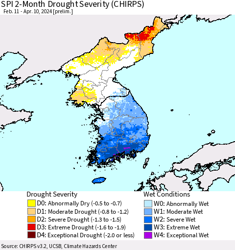 Korea SPI 2-Month Drought Severity (CHIRPS) Thematic Map For 2/11/2024 - 4/10/2024