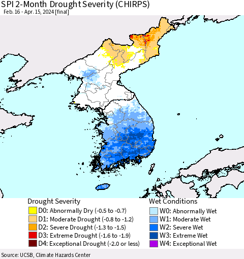 Korea SPI 2-Month Drought Severity (CHIRPS) Thematic Map For 2/16/2024 - 4/15/2024