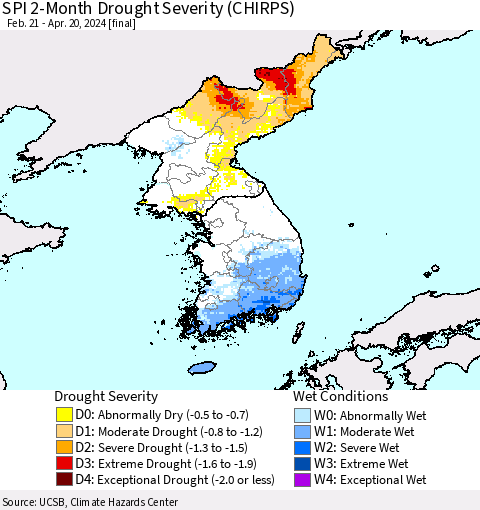 Korea SPI 2-Month Drought Severity (CHIRPS) Thematic Map For 2/21/2024 - 4/20/2024