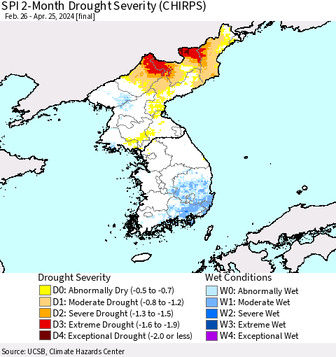 Korea SPI 2-Month Drought Severity (CHIRPS) Thematic Map For 2/26/2024 - 4/25/2024