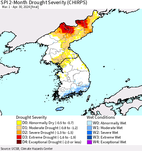 Korea SPI 2-Month Drought Severity (CHIRPS) Thematic Map For 3/1/2024 - 4/30/2024