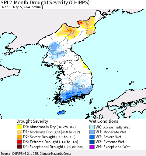 Korea SPI 2-Month Drought Severity (CHIRPS) Thematic Map For 3/6/2024 - 5/5/2024