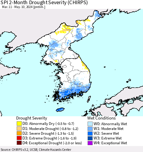 Korea SPI 2-Month Drought Severity (CHIRPS) Thematic Map For 3/11/2024 - 5/10/2024