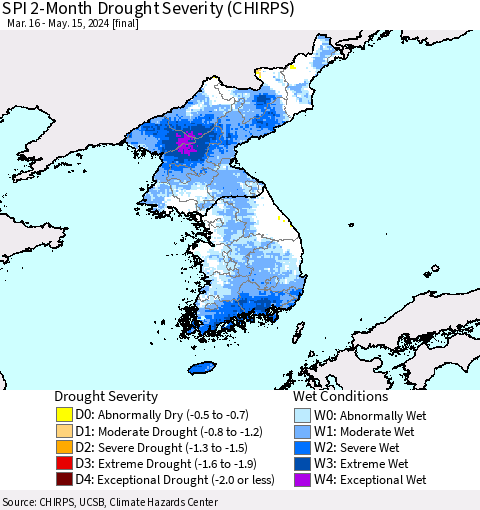 Korea SPI 2-Month Drought Severity (CHIRPS) Thematic Map For 3/16/2024 - 5/15/2024