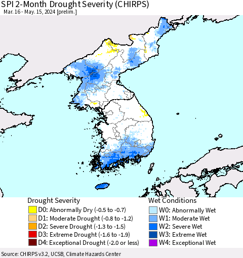 Korea SPI 2-Month Drought Severity (CHIRPS) Thematic Map For 3/16/2024 - 5/15/2024
