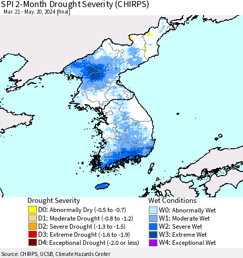 Korea SPI 2-Month Drought Severity (CHIRPS) Thematic Map For 3/21/2024 - 5/20/2024