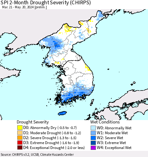 Korea SPI 2-Month Drought Severity (CHIRPS) Thematic Map For 3/21/2024 - 5/20/2024