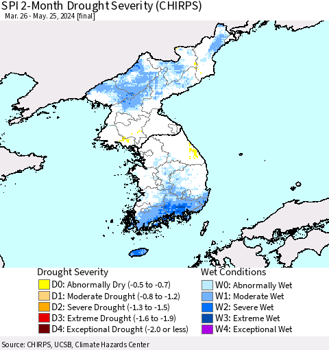 Korea SPI 2-Month Drought Severity (CHIRPS) Thematic Map For 3/26/2024 - 5/25/2024