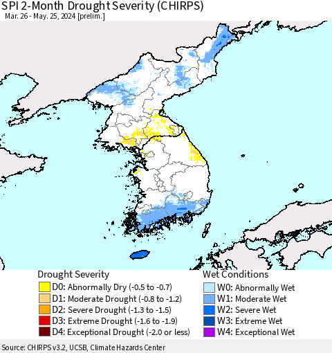 Korea SPI 2-Month Drought Severity (CHIRPS) Thematic Map For 3/26/2024 - 5/25/2024