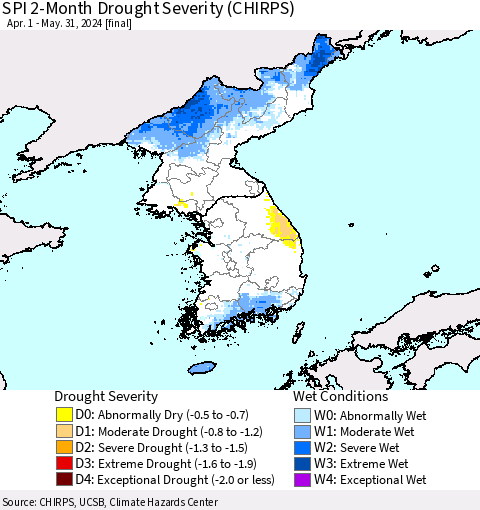 Korea SPI 2-Month Drought Severity (CHIRPS) Thematic Map For 4/1/2024 - 5/31/2024