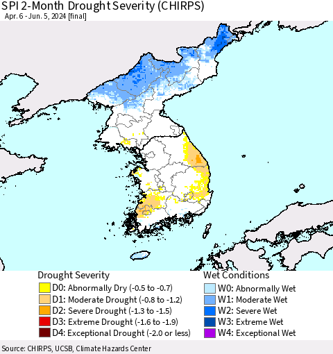 Korea SPI 2-Month Drought Severity (CHIRPS) Thematic Map For 4/6/2024 - 6/5/2024