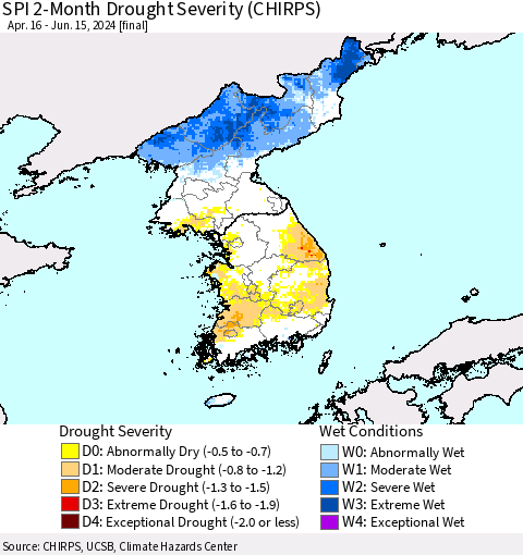 Korea SPI 2-Month Drought Severity (CHIRPS) Thematic Map For 4/16/2024 - 6/15/2024