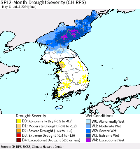 Korea SPI 2-Month Drought Severity (CHIRPS) Thematic Map For 5/6/2024 - 7/5/2024