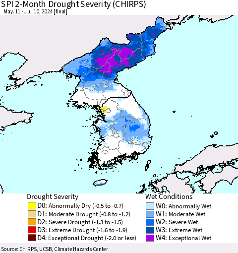 Korea SPI 2-Month Drought Severity (CHIRPS) Thematic Map For 5/11/2024 - 7/10/2024
