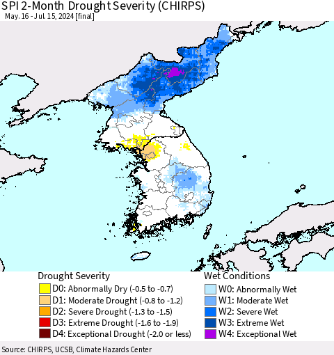 Korea SPI 2-Month Drought Severity (CHIRPS) Thematic Map For 5/16/2024 - 7/15/2024