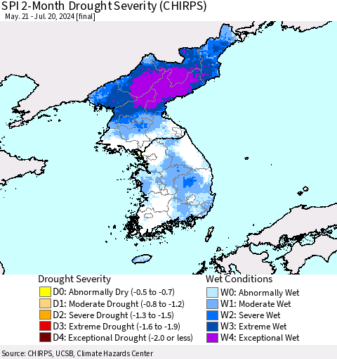 Korea SPI 2-Month Drought Severity (CHIRPS) Thematic Map For 5/21/2024 - 7/20/2024