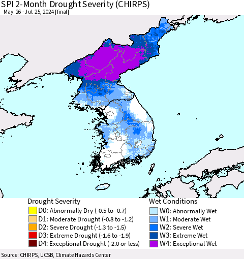 Korea SPI 2-Month Drought Severity (CHIRPS) Thematic Map For 5/26/2024 - 7/25/2024