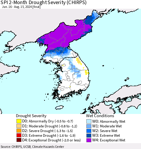 Korea SPI 2-Month Drought Severity (CHIRPS) Thematic Map For 6/16/2024 - 8/15/2024