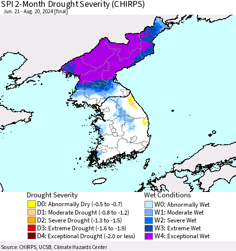 Korea SPI 2-Month Drought Severity (CHIRPS) Thematic Map For 6/21/2024 - 8/20/2024