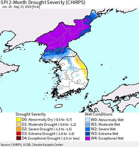 Korea SPI 2-Month Drought Severity (CHIRPS) Thematic Map For 6/26/2024 - 8/25/2024